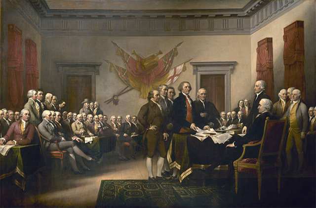 In John Trumbull's famous depiction of the signing of the Declaration, Witherspoon is the second seated figure from the (viewer's) right among those shown in the background facing the large table.